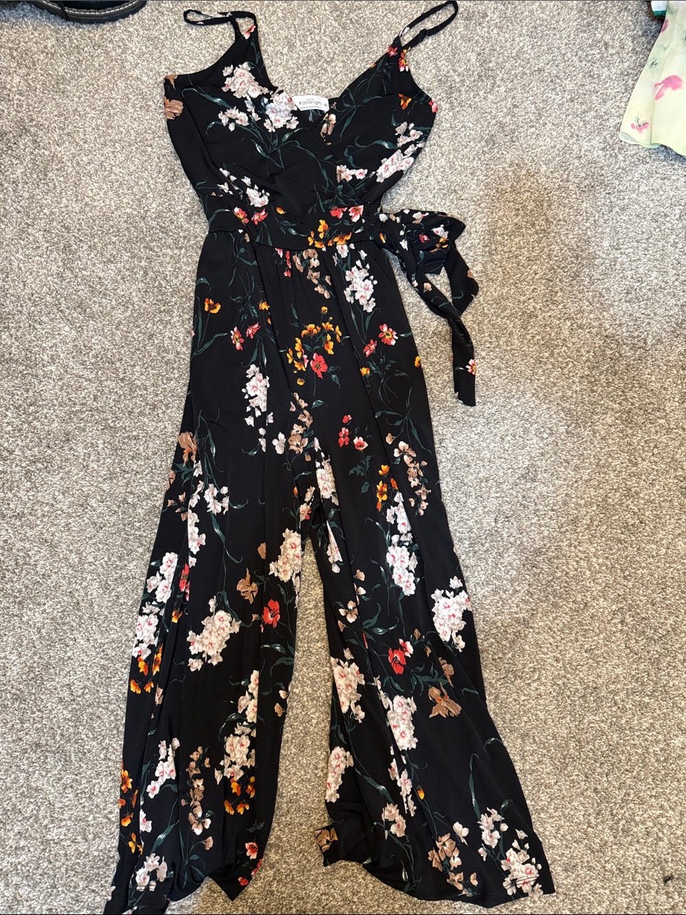 Kaileigh Black Floral Wrap-Front Spaghetti Strap Jumpsuit